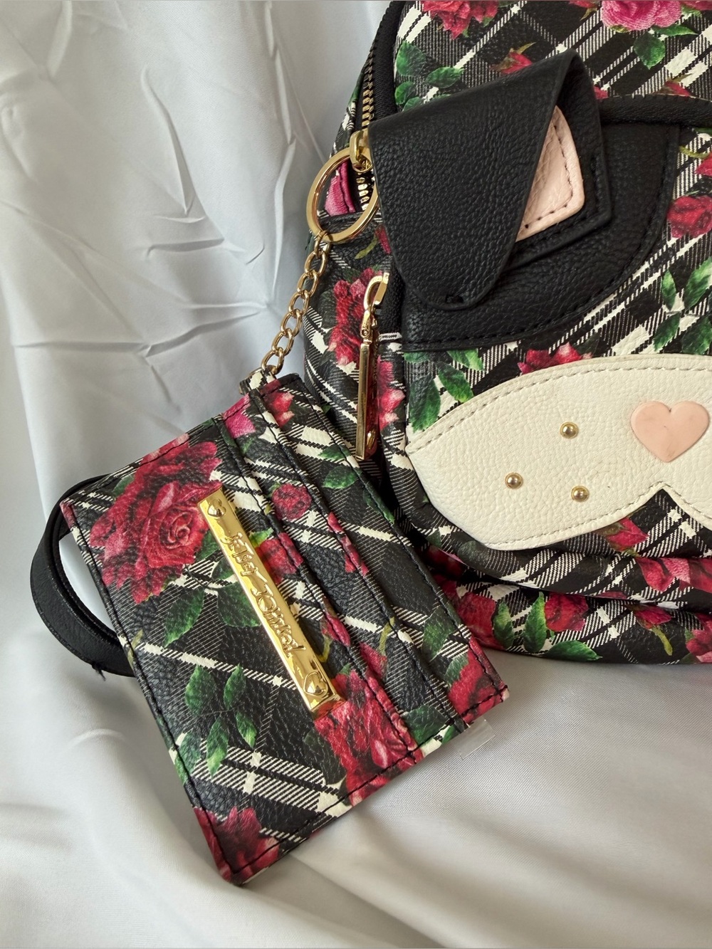 Betsey Johnson Black Plaid Floral Cat Mini Backpack - Picture 2 of 14